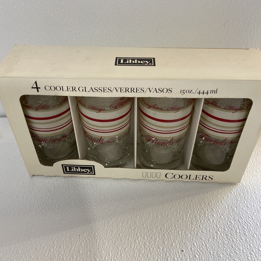 Libbey Cooler Glasses 4pc Set 15oz Clear Red Tan NEW Family Friends Stripes